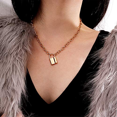 coadipress Lock Pendant Necklace Statement Gold Silver Plated Long Chain (Gold)2