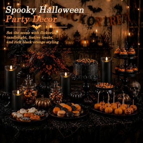 Image of Homemory Halloween Black Waterproof LED Candles with Remote Timer, Set of 6 | Flameless candles, D3 inchxH4 inch /4 inch /5 inch /6 inch /8 inch /8 inch, black plastic shell, indoor outdoor Halloween decor, porch, patio and lantern