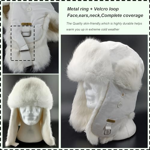 Image of Winter Trapper Hat for Men Women Warm Soft Russian Ushanka Hat Real Rabbit Fur Aviator Bomber Hats Winter Hats with Ear Flaps