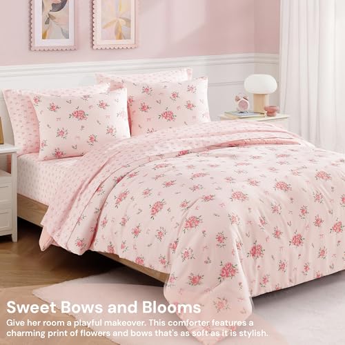 Image of BLOOMHAVEN Full Size Comforter Set for Girls, 7 Pieces Rose Flower Bedding Set with Pink Bow, All Seasons Kids Bed in a Bag with Sheets, Pillowcases & Shams