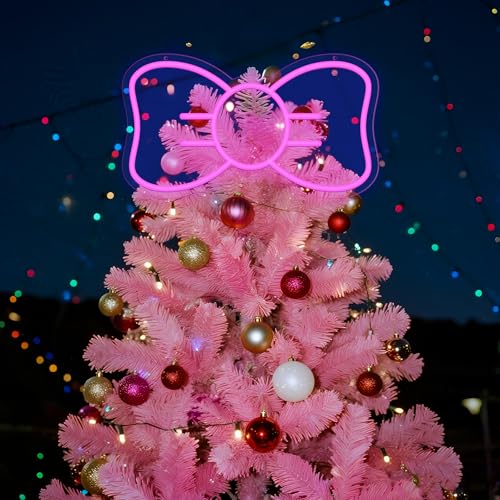 Nuanchu 13.8 x 7.5 Inches Large Pink Kitty Christmas Tree Topper Lighted Cartoon Cat Christmas Ornament Xmas Kitty Toppers Neon Tree Wreath for Xmas Home Wall Birthday Wedding Party Decor