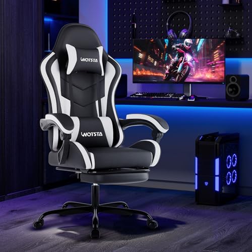 Image of Ergonomic Gaming & Office Chair, Footrest, Racing Design Black /White | PVC with headrest,lumbar, Adjustable Height recliner for adults 2D-Linkage Armrests for 300LBS