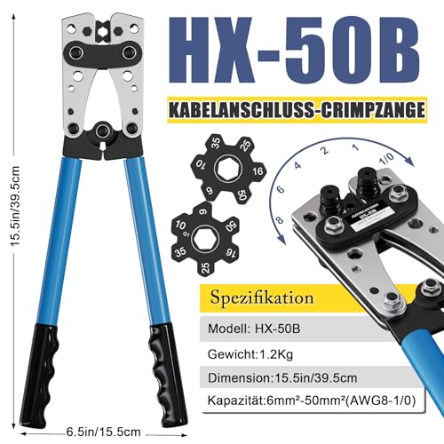 Koolcover Crimpzange Kabelschuhe Set,Groß Crimpwerkzeug,Hochleistungs-Crimper für Kabelschuhe,Rohrkabelschuh Zange,Crimpzange für Batteriekabel 6/10/16/25/35/50 mm² + 60stk (HX50B crimper+terminals)