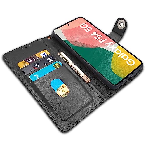 Image of Pikkme Samsung Galaxy F54 / M54 5G Flip Cover Leather Finish | Inside TPU with Card Pockets | Wallet Stand and Shock Proof | Complete Protection Button Flip Case (Black)