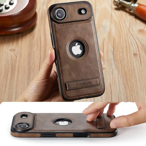 Image of Casus for iPhone Air Case, MagSafe Compatible Vegan Leather Case with Slim Kickstand, Protective Cover with Tempered Glass Screen Protector, Gray, 6.5 Inch (2025)