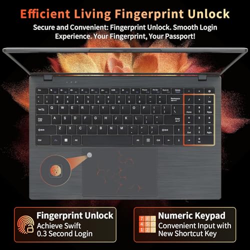 Image of 15.6 Inch Laptop Computer, FHD IPS Display, N95 Processor,200MP Webcam, 8000mAh Battery, Fingerprint Reader, SD Card Reader, USB-C, Thin & Light Notebook for Home & Business (Gray, 12+256GB SSD)