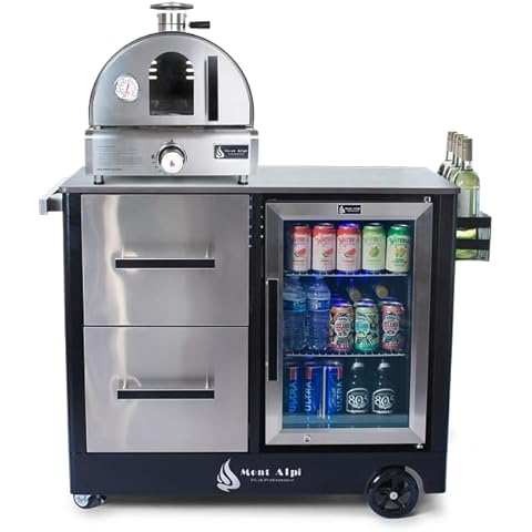Mont Alpi MAPCL-MAPZ-Combo Outdoor Prep Bar Cart with Ceramic Top Counter + Wine Holder + Stainless Steel Cabinets + MAF Refrigerator + Portable Countertop Gas Pizza Oven Combo with Pizza Stone Cover