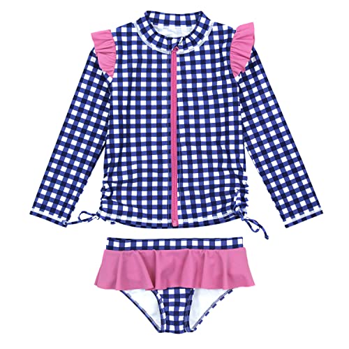 SwimZip Girls' Long Sleeve Rash Guard and Bikini Bottoms Swimsuit Set - UPF 50+ Navy Gingham