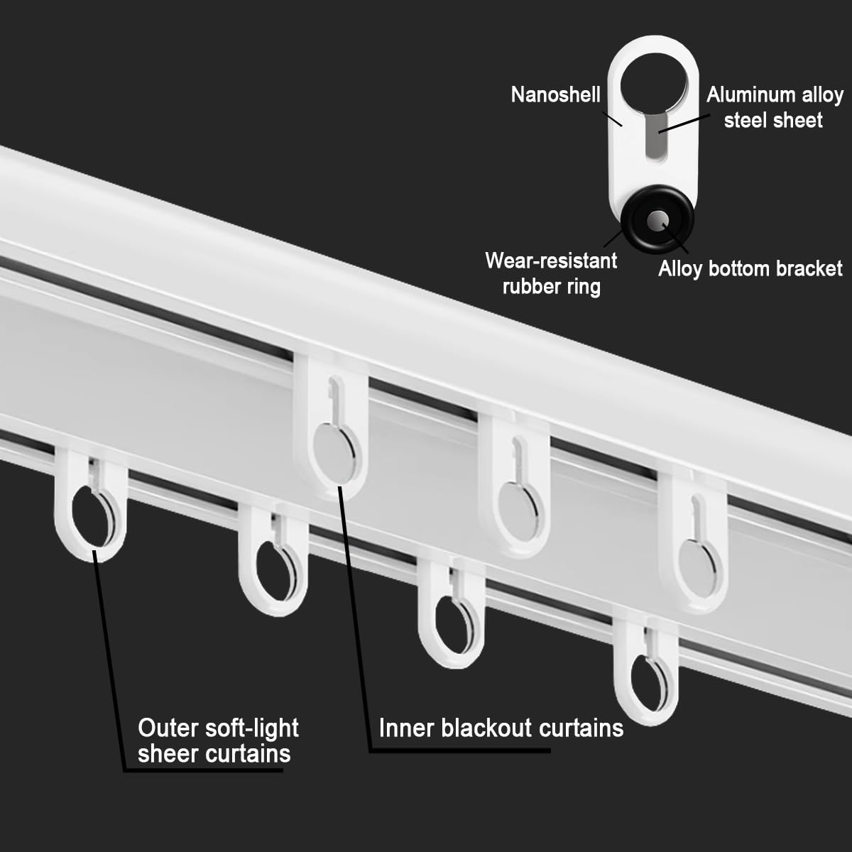 Gardinenschiene Deckenmontage 2-läufig Vorhangschiene Stummen Gardinenstange aus Aluminiumlegierung 100 Cm-500 Cm mit Clips und Haken Weiß Schwarz Grau für Balkone Büros(Grau,300cm/9.8ft)