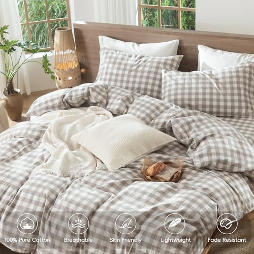 Image of MooMee Gingham Duvet Cover Set 100% Washed Cotton Linen Like Textured Breathable Durable Soft Comfy Modern Checkered Design (Buffalo Plaid Tannish Linen Grey, Palatial King /Oversized King 120 inchx98 inch)