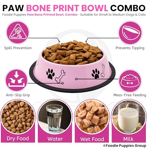 Image of Foodie Puppies Stainless Steel Dog Bowl Combo - (Medium, 700ml) Food and Water Feeding Gift Bowl | Suitable for Dogs, Cats and Other Pets I Paw Bone Print, Anti-Skid Rubber Base (Pink + Black)