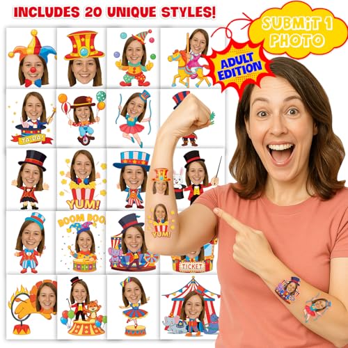 Image of Custom Carnival Circus Clown Temporary Tattoos for Kids, Set of 20 | Personalized Pre-Cut Face Photo, Birthday Party Favors, Boys Girls, Carnival Lovers
