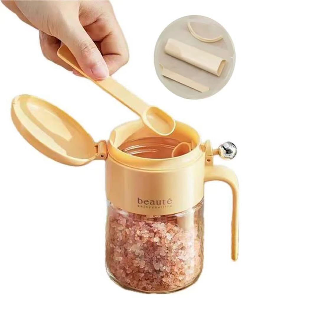 Spice Containers With Spoon,Glass Condiment Containers With Lid.（The Spoon has a Separate Storage Space Inside the Jar）