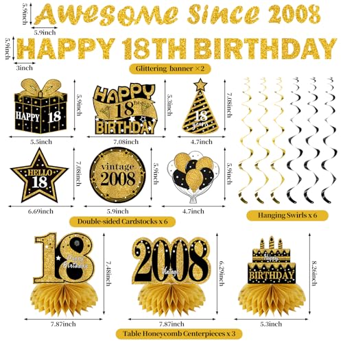 Image of Kuxriox 11Pcs 18th Birthday Decorations Kit for Men Women, Black Gold Happy 18th Birthday Banner, Awesome Since 2008 Centerpieces Swirls Party Supplies, Eighteen Bday Banner Ceiling Table Topper Sign