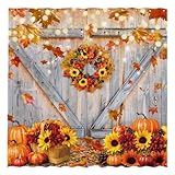 Funnytree 72'x72' Rustic Autumn Pumpkins Wood Barn Door Sunflowers Fall Thanksgiving Harvest Farmhouse Shower Curtain for Bathroom Decor Machine Washable (Hooks Not Included)