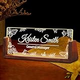 Ship Next Day Custom Name Plate for Desk, Personalized Acrylic Desk Name Plate with LED Walnut Frame, Office Desk Accessories, Appreciation Gifts for Boss Employee Coworkers Teachers Women (Butterfly)