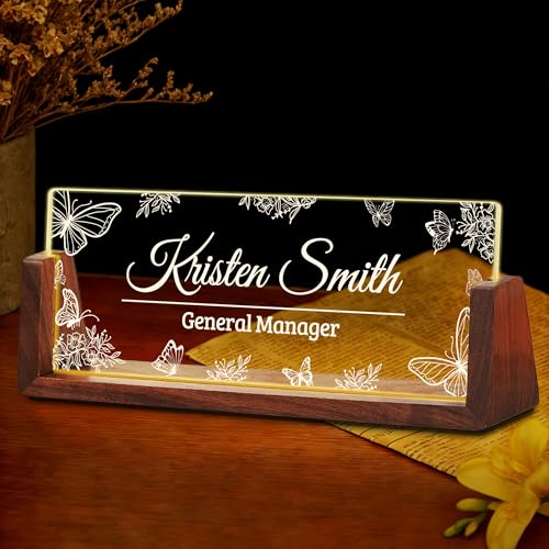 Ship Next Day Custom Name Plate for Desk, Personalized Acrylic Desk Name Plate with LED Walnut Frame, Office Desk Accessories, Appreciation Gifts for Boss Employee Coworkers Teachers Women (Butterfly)