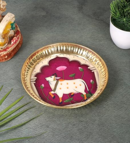 Two Moustaches 6 Inches Kamdhenu Cow Design Brass Pooja Thali, Pu...