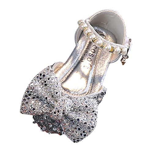 Girls Wedding Sandals Fashion Spring And Summer Girls Sandals Dress Dance Show Princess Shoes Rhinestone Bowknot Pearl (Silver-a, 10 Toddler)