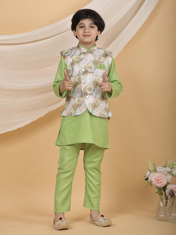 Image of superminis Boys Cotton Printed Full Sleeves Kurta Pyjama with Jacket Ethnic Wear Set