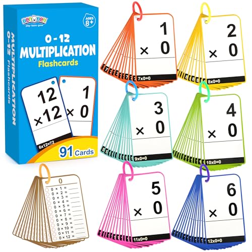 BenBen Multiplication Flash Cards 0-12, 91 Cards, Times Table Flash Cards with Rings, Multiplication...