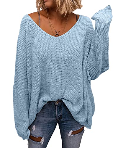 Image of BZB Women's V Neck Long Sleeve Knit Loose Oversized Pullover Sweater Top