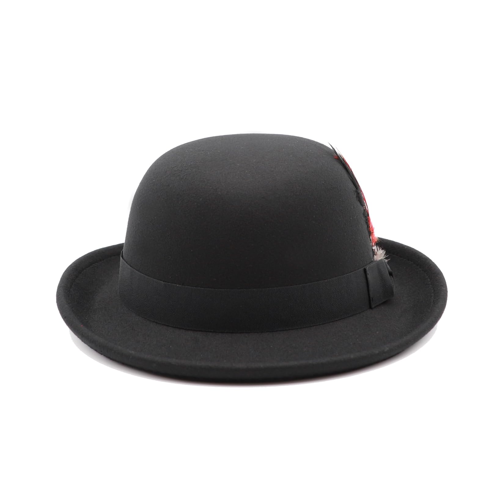 MivBuks Bowler Derby Hat for Men Dress Hats for Women Short Brim Fedora Hat with Feather (US, Alpha, Large, Black)