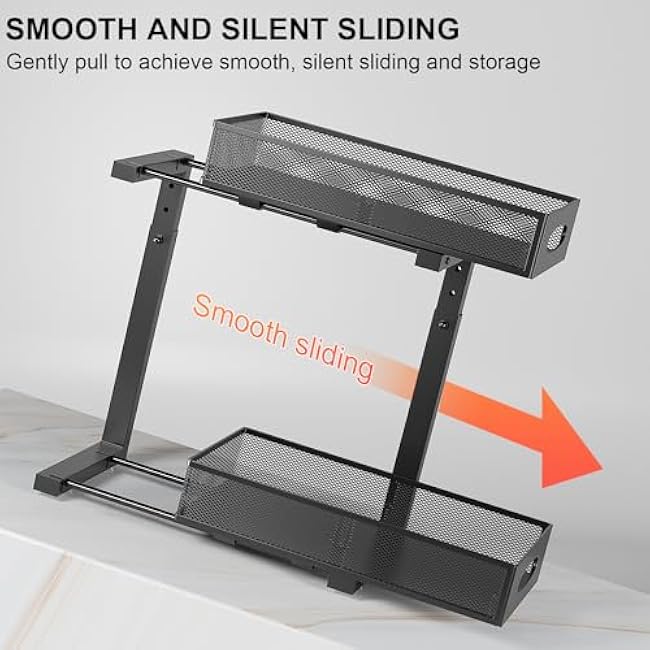 Under Sink Organizer, 2-Tier Put Out Cabinet Organizer, Adjustable Rust Proof Under Sink Organizers and Storage, Kitchen Undersink Organizers for Kitchen, Bathroom, Cabinet, Counter, 2 Pack, Black