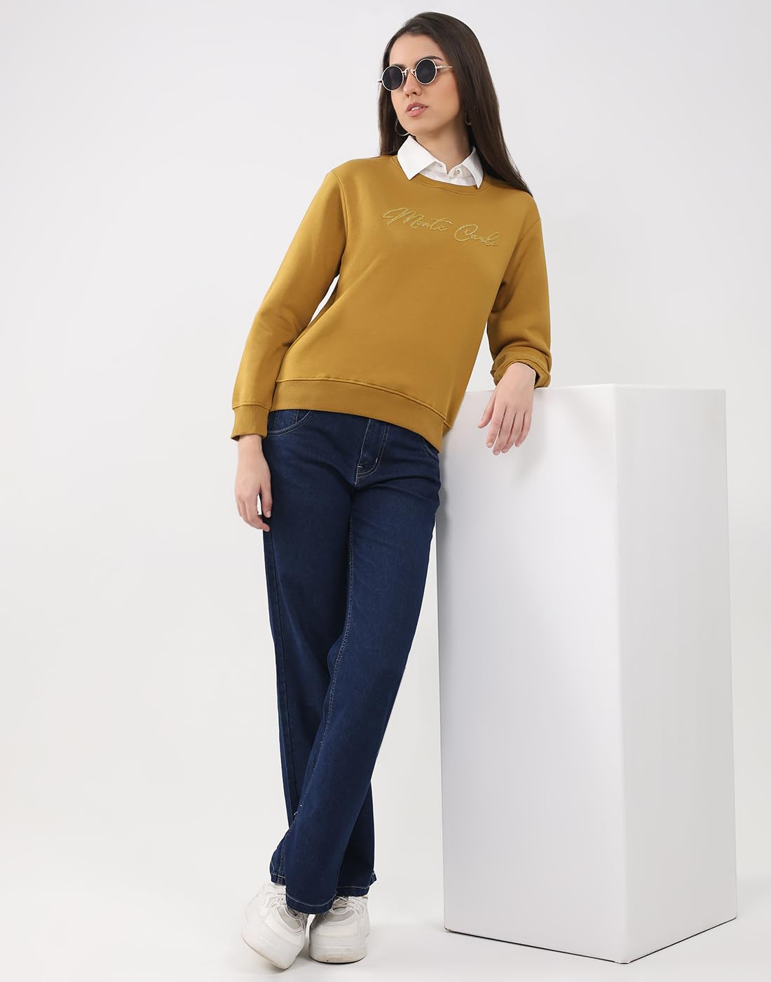 Monte Carlo Women’s Regular Fit Printed Round Neck Full Sleeve Winter Sweatshirt | Soft Warm Knit | Stylish Casual wear | Comfortable Winter Wear Top for Women Mustard M (Pack of 1) 3