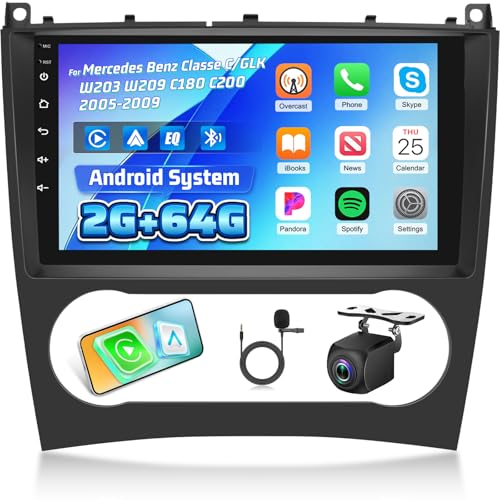 [2G+64G] Android Autoradio für Mercedes Benz C/GLK Klasse W203 W209 C180 C200 2005-2009 mit Kabelloses Carplay und Android Auto, 9 Zoll HD Touchscreen Autoradio mit GPS/WiFi/Bluetooth/EQ/FM RDS