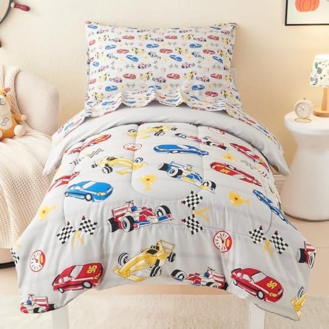 Mooreeke 4 Pieces Toddler Bedding Set - Soft Race Cars Toddler Comforter Sets for Girls, Includes Quilted Comforter, Flat Sheet, Fitted Sheet and Pillowcase, Bed in A Bag for Baby Bedroom