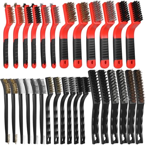 Kifmurase 30Pcs Wire Brushes for Cleaning Rust Wire Cleaning Brush Set Stainless Steel/Brass/Nylon Bristles Metal Brush with Curved Handle Grip Grip Paint Remover for Rust Drill Scrub