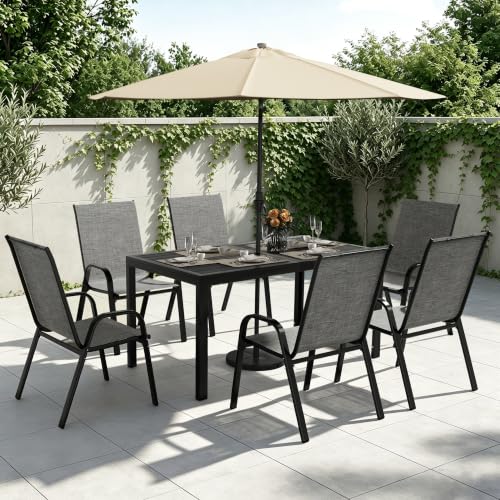 7-Piece Outdoor Dining Set, All-Weather Patio Table and Chairs Set with Umbrella Hole for 6, Steel Slat Table and 6 Textilene Chairs for Backyard, Poolside and Garden, Grey(No Umbrella)