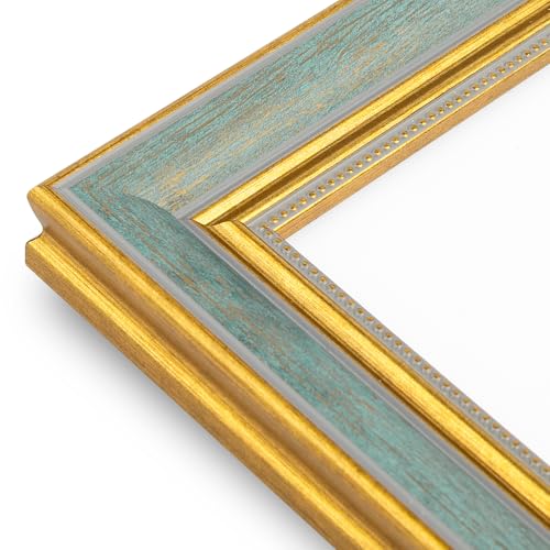 Image of Golden State Art,11x14 Ornate Picture Frame Holds 8x10 Photo,Blue Gold | Includes real glass front,white mat,build-in hangers and buttons.Displays 8x10 photo on wall