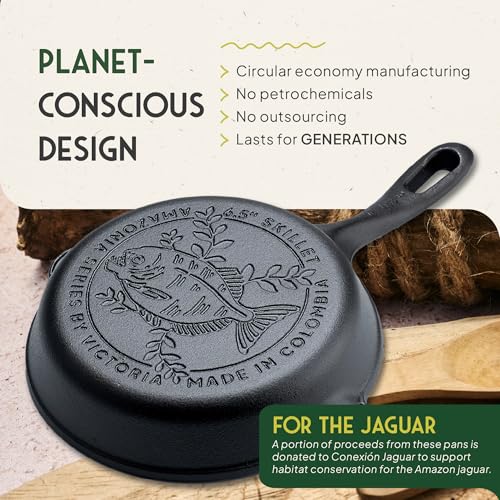 Image of Victoria Cookware 6.5-Inch Amazonia Cast Iron Skillet, Decorative Preseasoned Frying Pan with Cast Design, Made in Colombia, Pirana