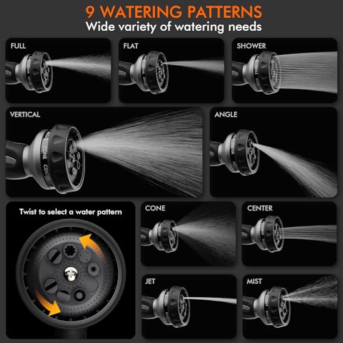Image of RESTMO Hose Nozzle Heavy Duty, Metal Water Hose Sprayer for Garden | 9 Spray Patterns, High Pressure, Thumb Flow Control, On /Off Valve, Ideal for Outdoor Lawn & Plant, Car & Pet, Silver