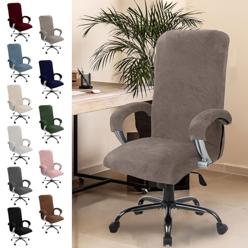 Chingcoo Funda de terciopelo para silla de oficina, con reposabrazos, funda de asiento de respaldo alto, funda elástica para silla de videojuegos, funda elástica (gris beige)
