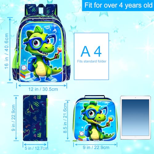 Image of HPJGD 3PCS Boys Dinosaur Backpack, Water Resistant Kids Bookbag Set with Lunch Box, Cool School Bag for Preschool Toddler - Glasses Dinosaur