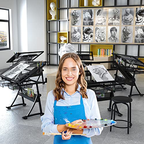 Artists' Drafting Table with Stool - Height Adjustable, Tempered Glass Top, 2 Drawers - Tiltable Draft Desk for Reading, Drawing, Writing - Work Station for Artists - by Drafting T