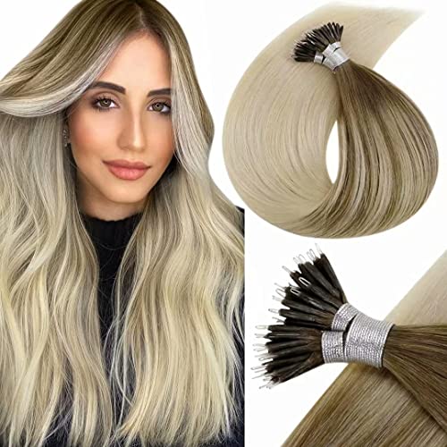 Blonde Extensions Nano link Human Hair 20" Nano Beads Extensions Balayage Color Ash Brown Fading to Light Blonde Nano Tip Real Hair Extensions Silky Straight 1g/strand 50g