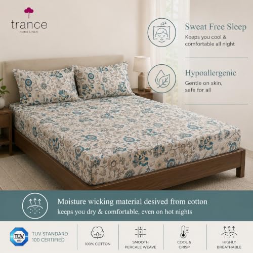Image of Trance Home Linen 144TC 100% Cotton 78 inchx48 inch Twin Bed Size Elastic Fitted Bedsheet | Printed Twin Size Bed Elasticated Fitted Bedspread with 2 Pillow Covers (78x48 inch, Kalamkari Teal)