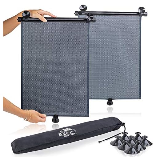 Car Side Window Sunshades - 2 Pack. Universal Roller Blind to Protect Baby, Kids, Pets and Passengers in the Back Seat from Harmful UV Rays and Heat. For a Cooler Car. Easy to Install. By Barucci