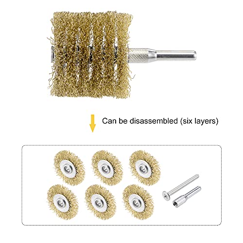 Image of uxcell Wire Wheel Brush, 1.57 inch x 1.61 inch Stainless Steel Brass Plated Coarse Crimped Wire 0.012 inch with 1 /4 inch (6mm) Round Shank for Cleaning Rust Stripping Abrasive