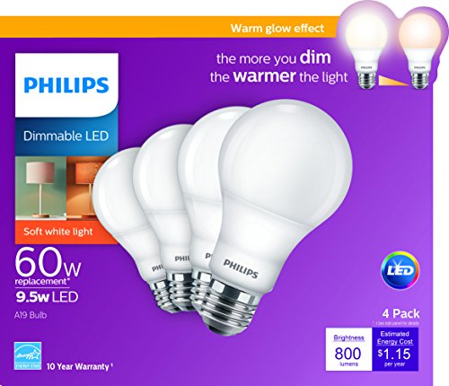 Philips LED 4 Pack A19 Soft White Dimmable Warm Glow LED, 2200-2700 Kelvin, 800 Lumen, 8.8W=60W, E27 Base - image 4