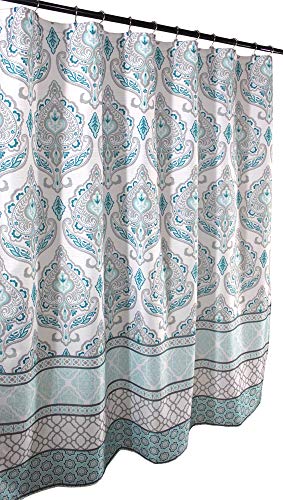 Teal Aqua Blue Grey White Fabric Shower Curtain: Floral Damask with Geometric Border Design