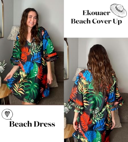 Ekouaer Coverups for Woman Deep V Neck Swimsuit Coverup Loose Knee Length Beach Cover Dress Curved Hem Half Sleeve Cover-Ups Tropical L - Image 2