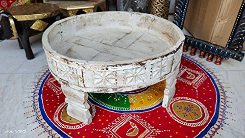 Generic White 15 Inch Wooden Indian Chakki Grinder Table, Engraved Distressed Finish Chakki Table, Indian Low Table, Carved Wooden Low Side Table, Coffee Table White Rustic 15*15*7 Inch #TOP23