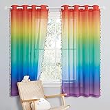 PONY DANCE Voile Vorhang Farbverlauf - 2 Stücke Voile Gardinen mit Ösen Dekoschals Vorhänge mit Pompons Kinderzimmer & Schlafzimmer Gardine Halbtransparent, H 160 x B 140 cm, Regenbogen