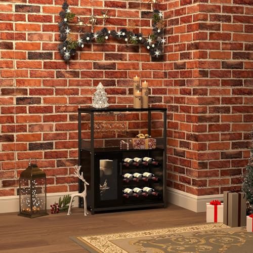 Miniatura 2 de Garvee Botellero Industrial Con Estante Ajustable Para Vino Y Soporte Para Copas, Armario Para Bebidas Para Cocina, Comedor, Salón, 70x35x92 Cm, Negro
