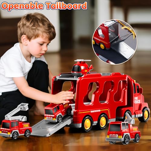 image for KIZONLY Fire Truck Toys for Toddler 1-3 3-5, 5-in-1 Fire Car Carrier V
